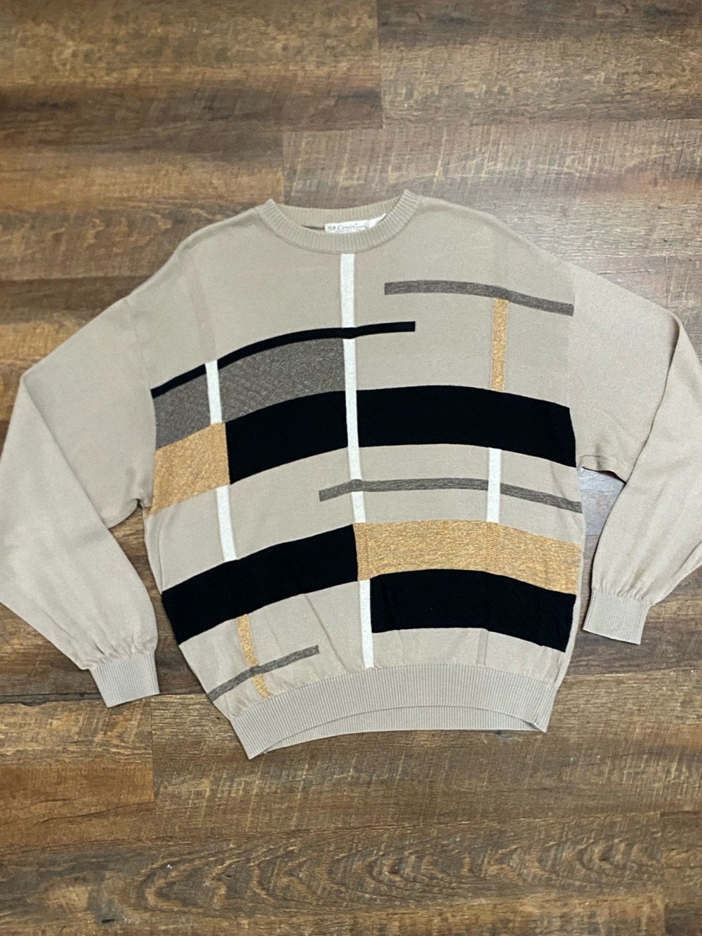Vintage St. Croix Men's M Beige Geometric Metallic Knit Pullover Sweater